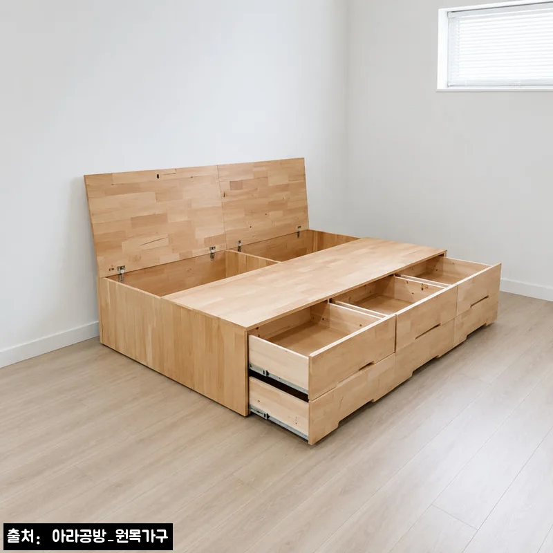 아라공방 고무나무 원목 2단 6서랍 벙커 높은수납 침대 프레임, 작은방 수납 고민에 눈길 가는 맞춤제작 이슈템